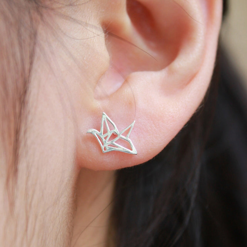 925 Sterling Silver Origami Crane/Swan Stud Earrings