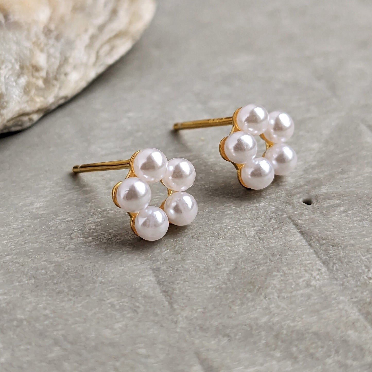 Sterling Silver or Gold Plated Small Pearl Daisy Flower Stud Earrings