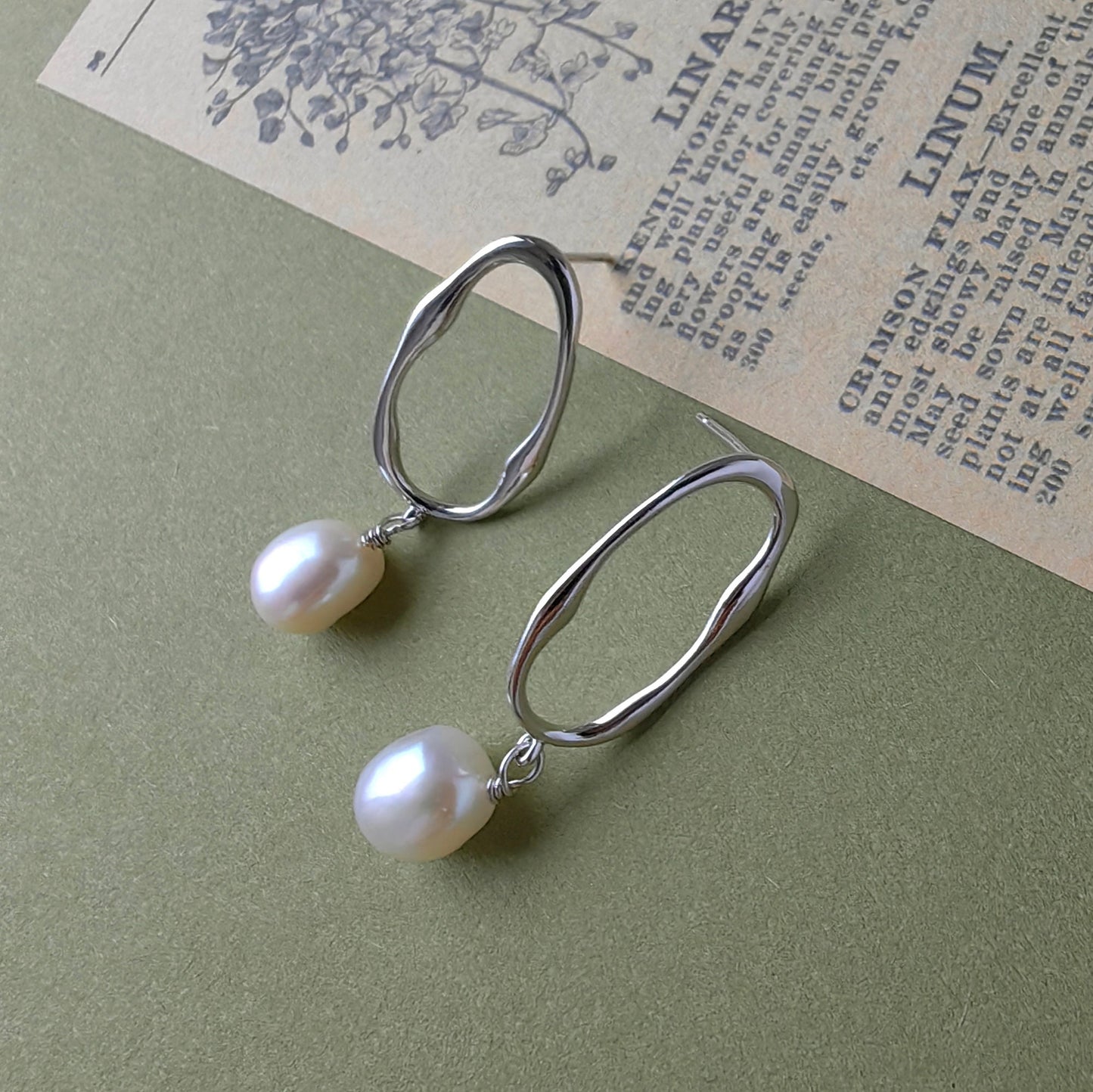 925 Sterling Silver Long Oval Earrings with Pearls