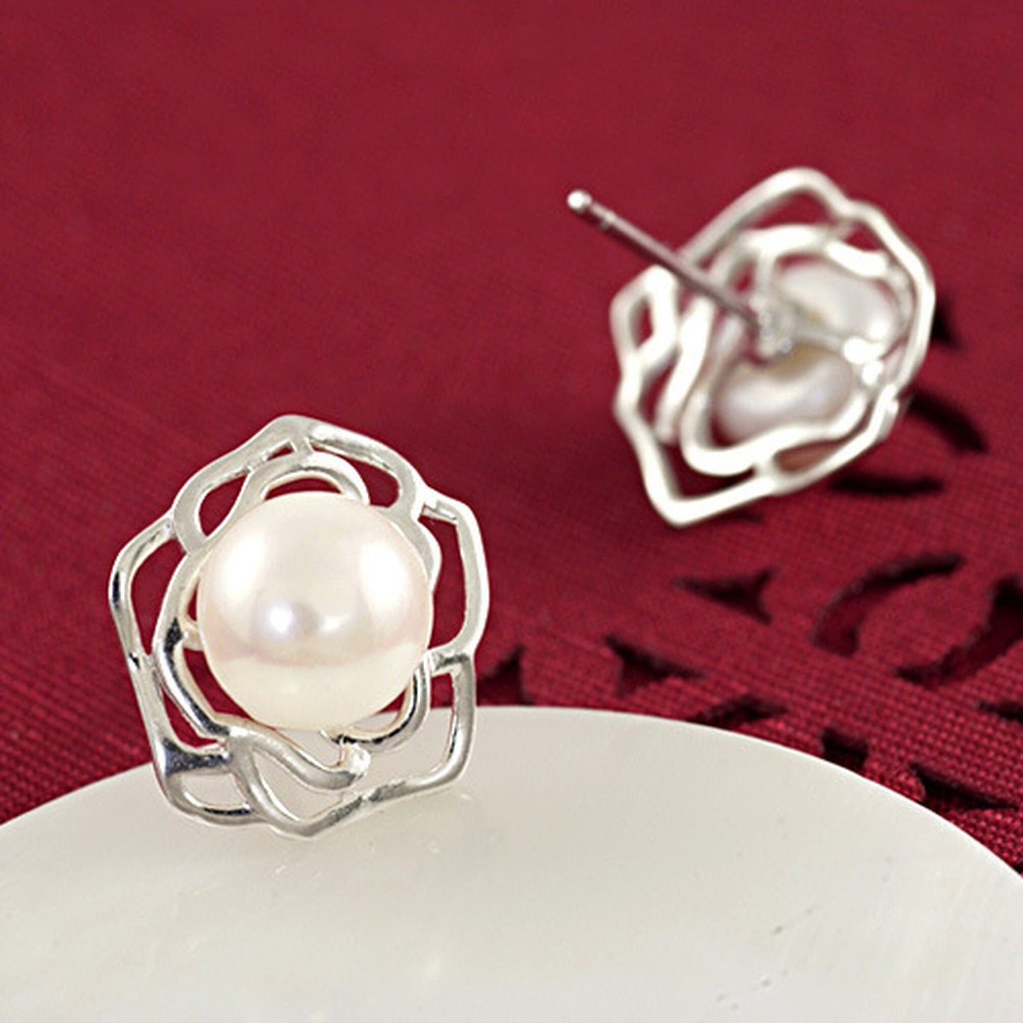 Sterling Silver Rose White/Ivory Freshwater Pearl Stud Earrings