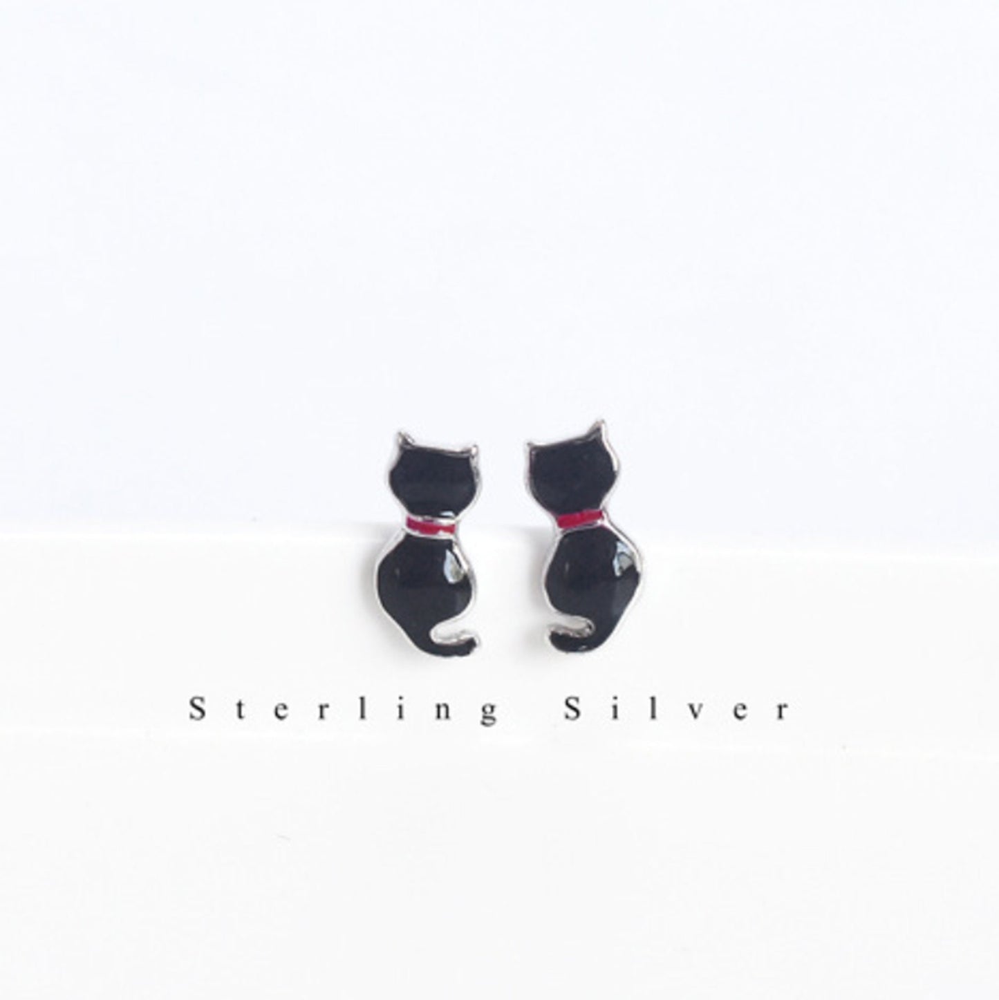 Sterling Silver Little Black Cat Enamel Studs Earrings