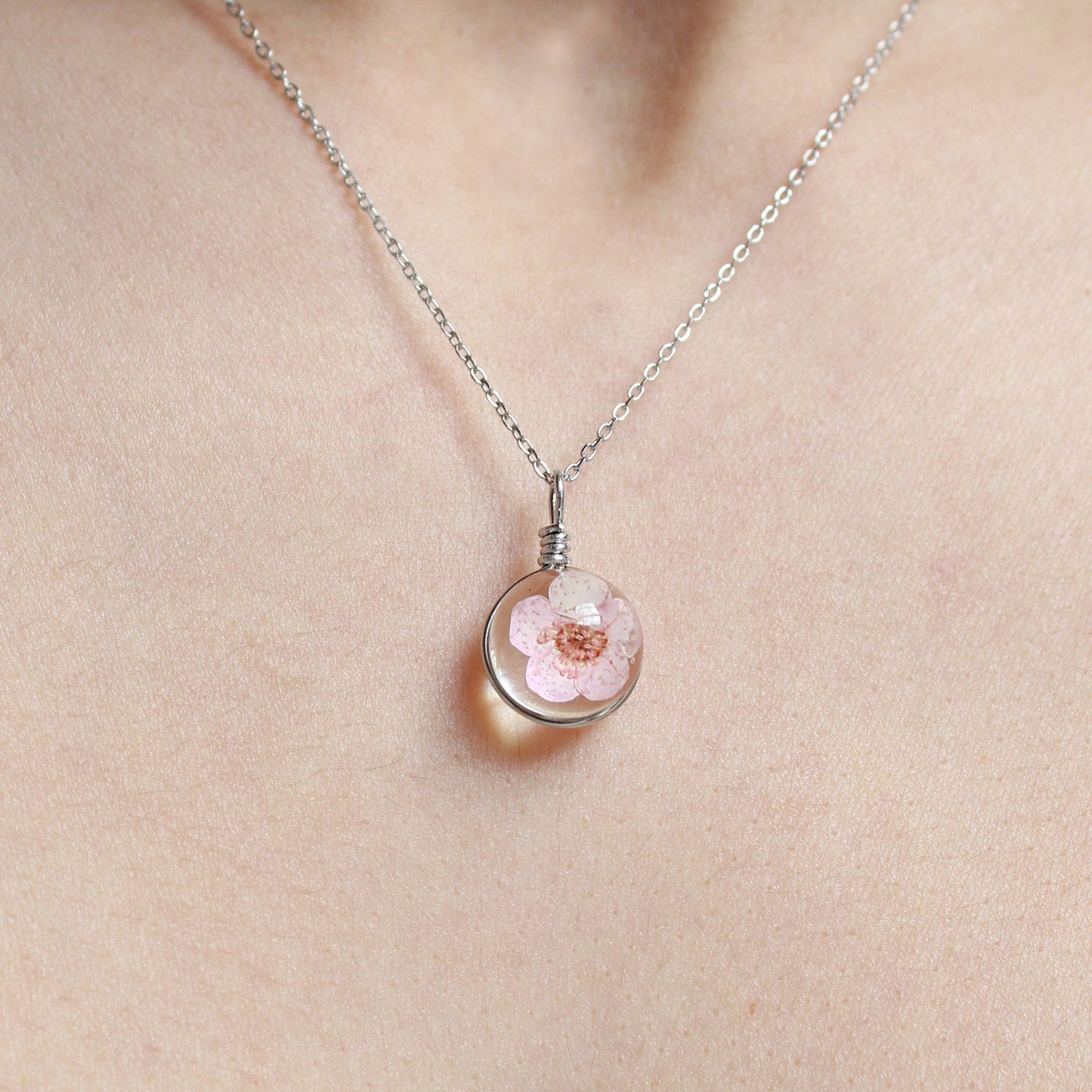 Sterling Silver Pink Pressed Flower Necklace