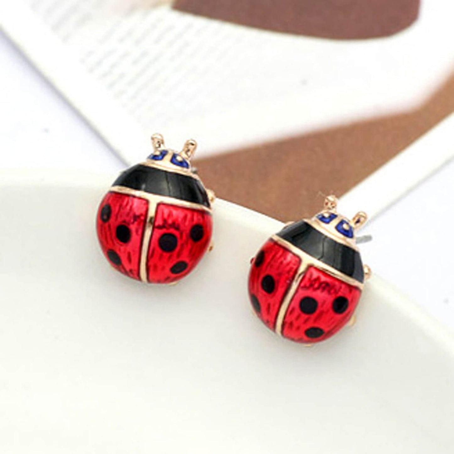 18K Gold Plated Red Enamel Ladybird/Ladybug Stud Earrings