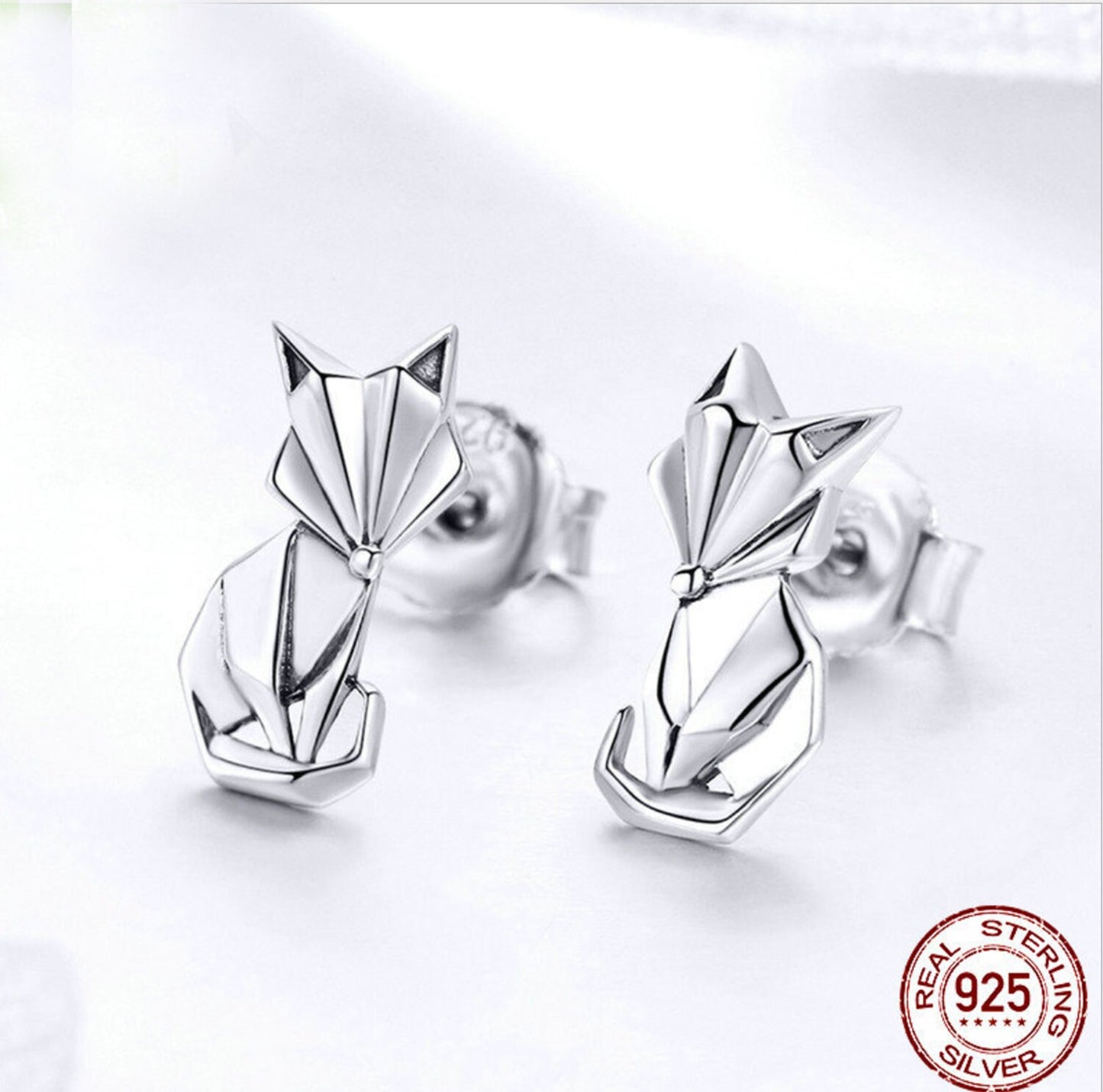 925 Sterling Silver Origami Fox Stud Earrings
