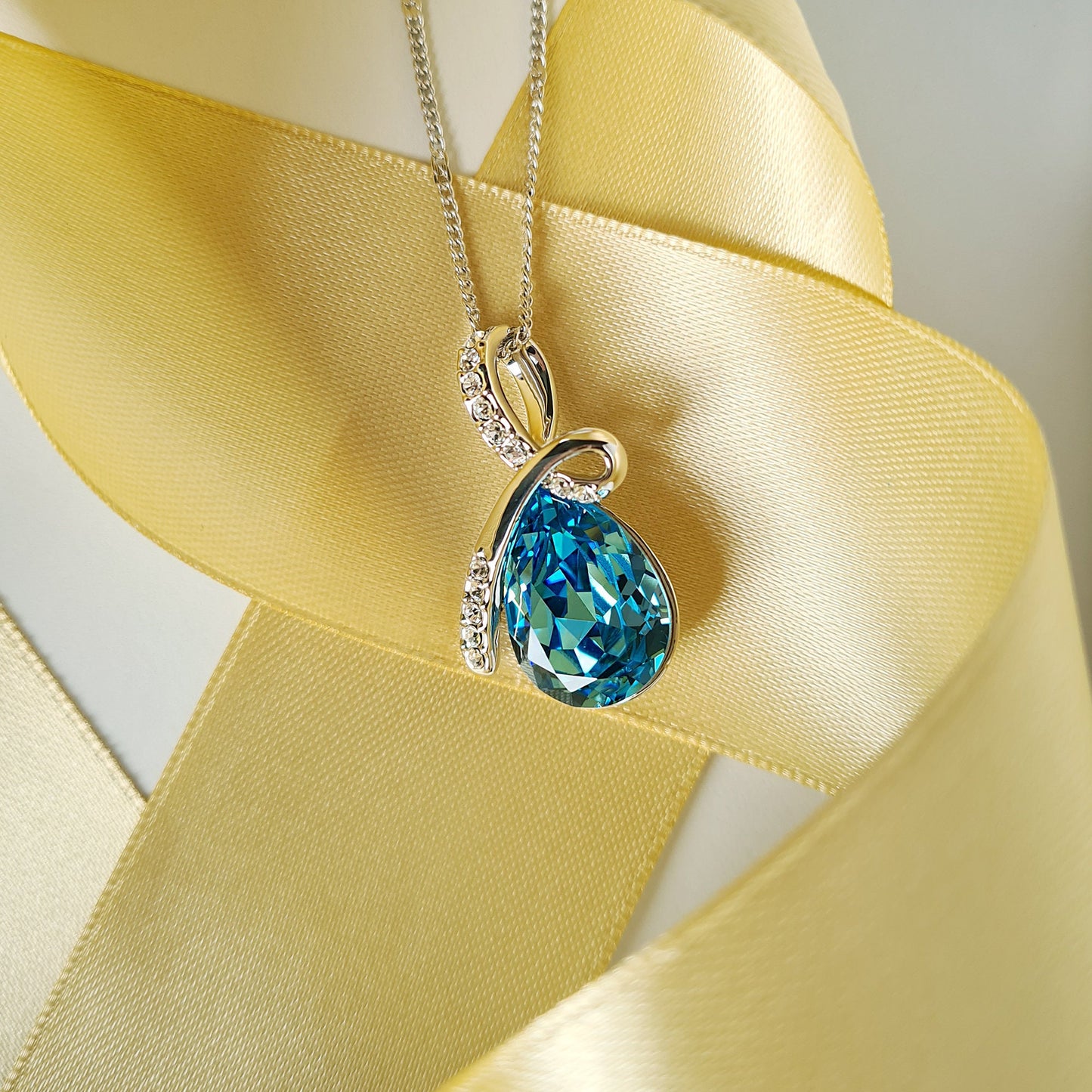 Silver Plated Large Blue Teardrop Crystal Necklace