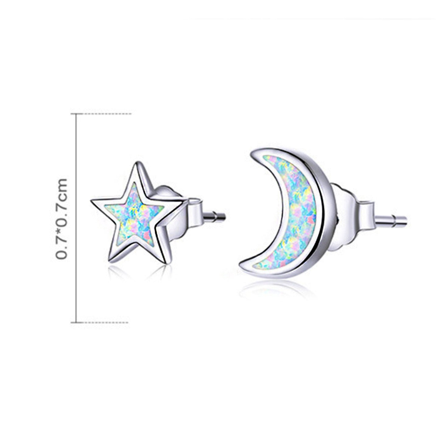925 Sterling Silver & Opal Moon & Star Stud Earrings