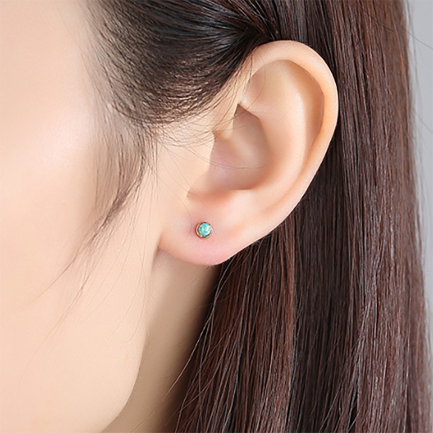 Sterling silver mini lab opal stud earrings in green blue and white gemstone tiny studs