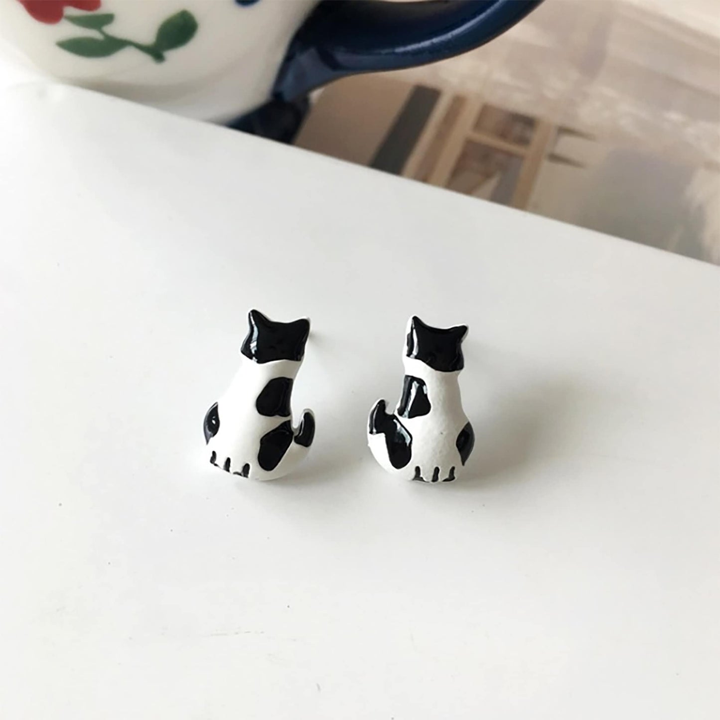 3D Painted Sitting Cats Kitty Black White Tortie Cat Stud Earrings Tortoiseshell Cats Sterling Silver Posts