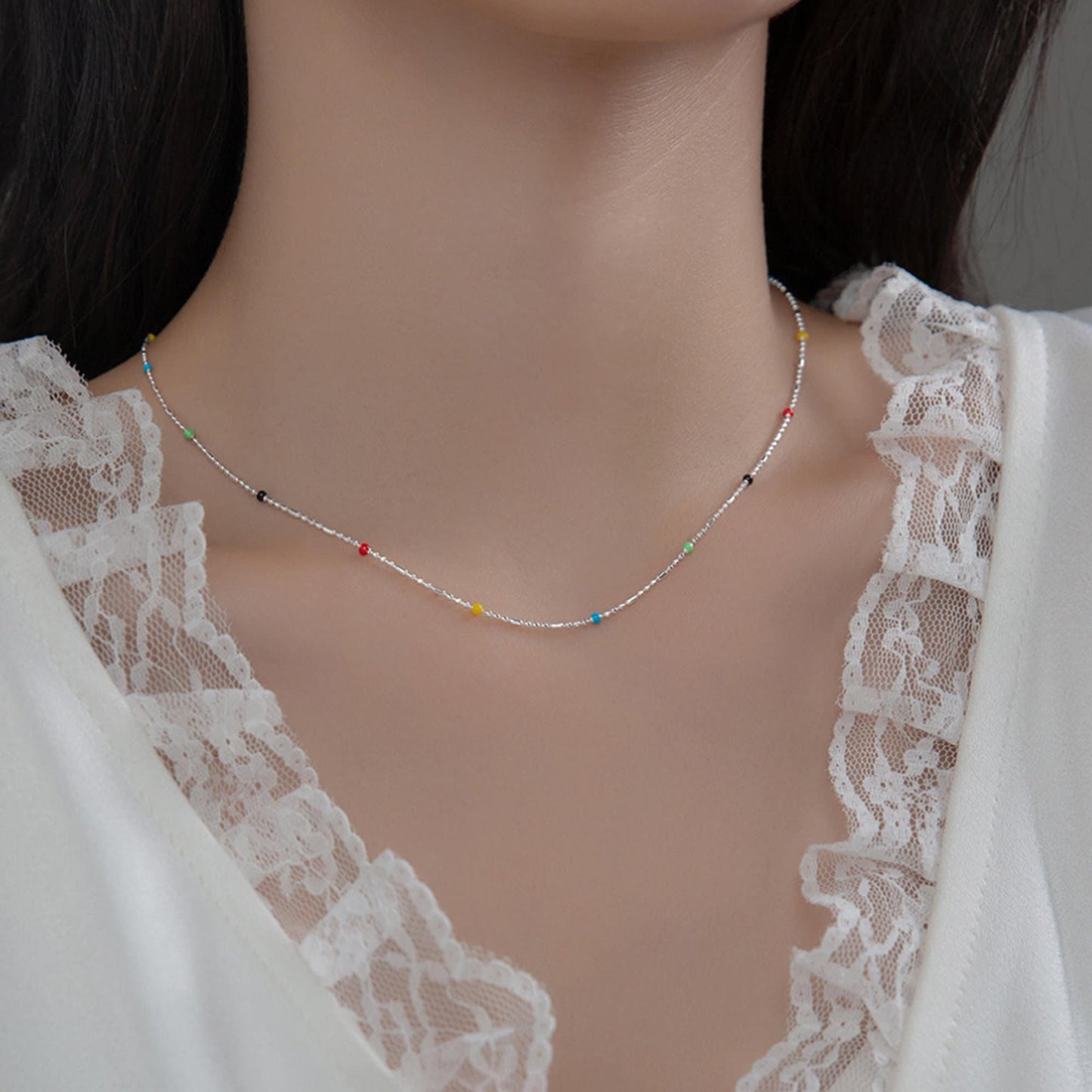 Rainbow Coloured Beads Fine Chain Bracelet Necklace Mini Beads Multiple Green Red, Blue, Oran