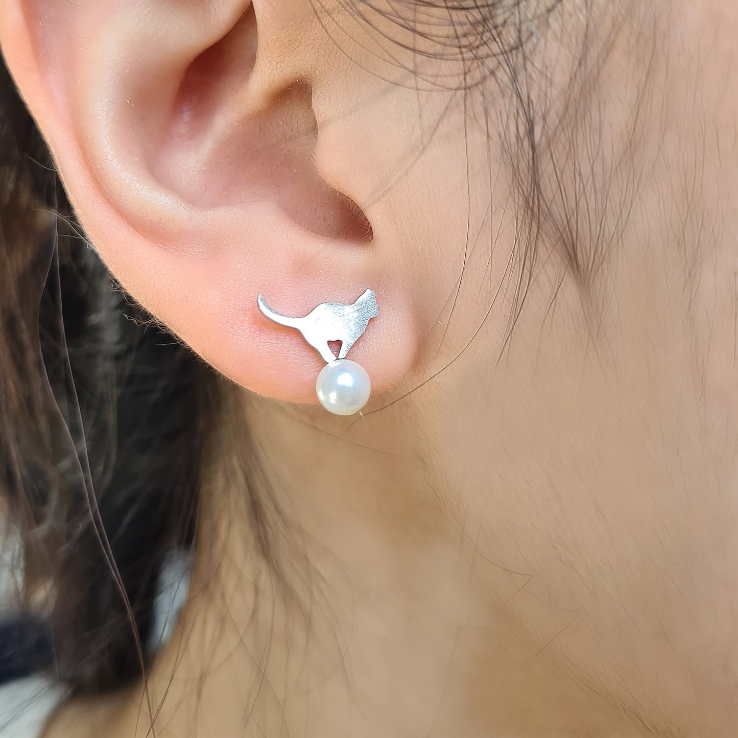 Cat Playing with Pearls Stud Earrings