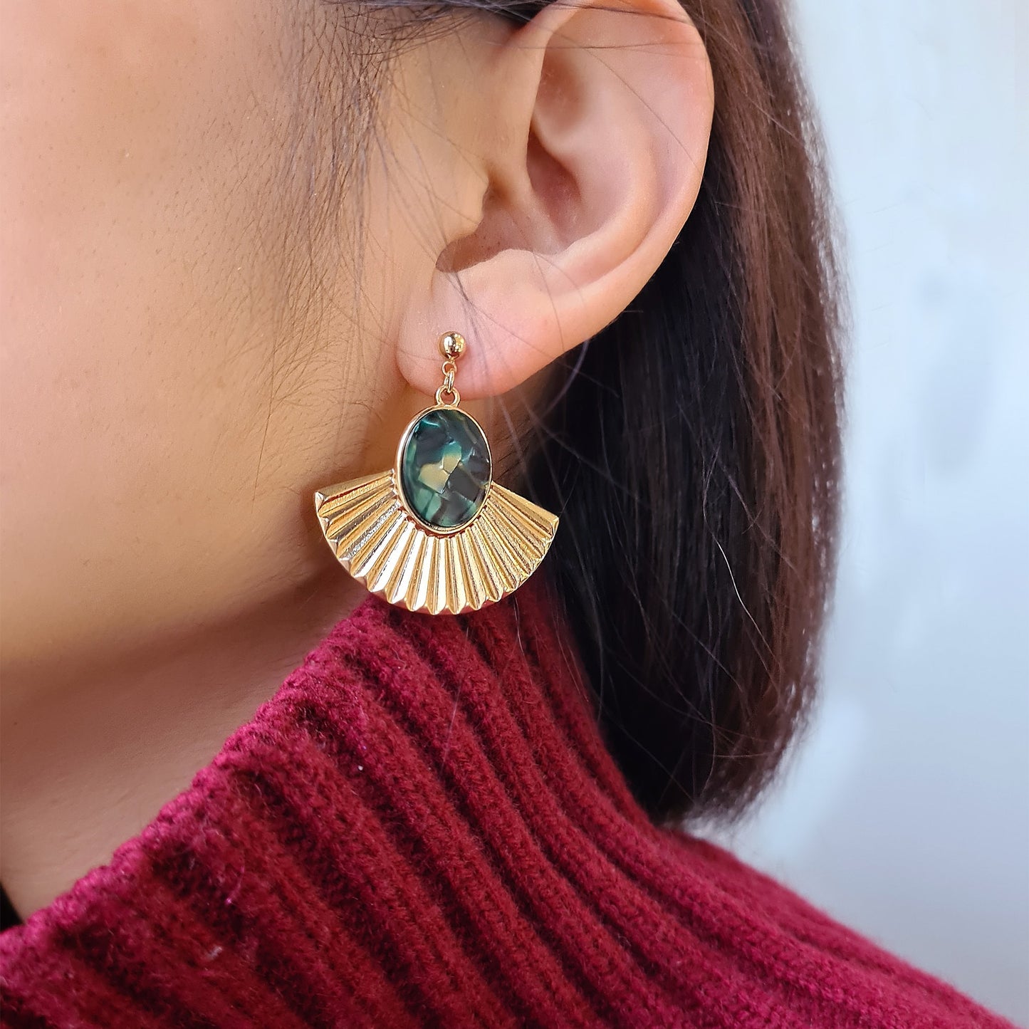 Gold Plated Art Deco Large Statement Fan Green Mother Pearl Shell Drop Earrings for Party and Evening Wear