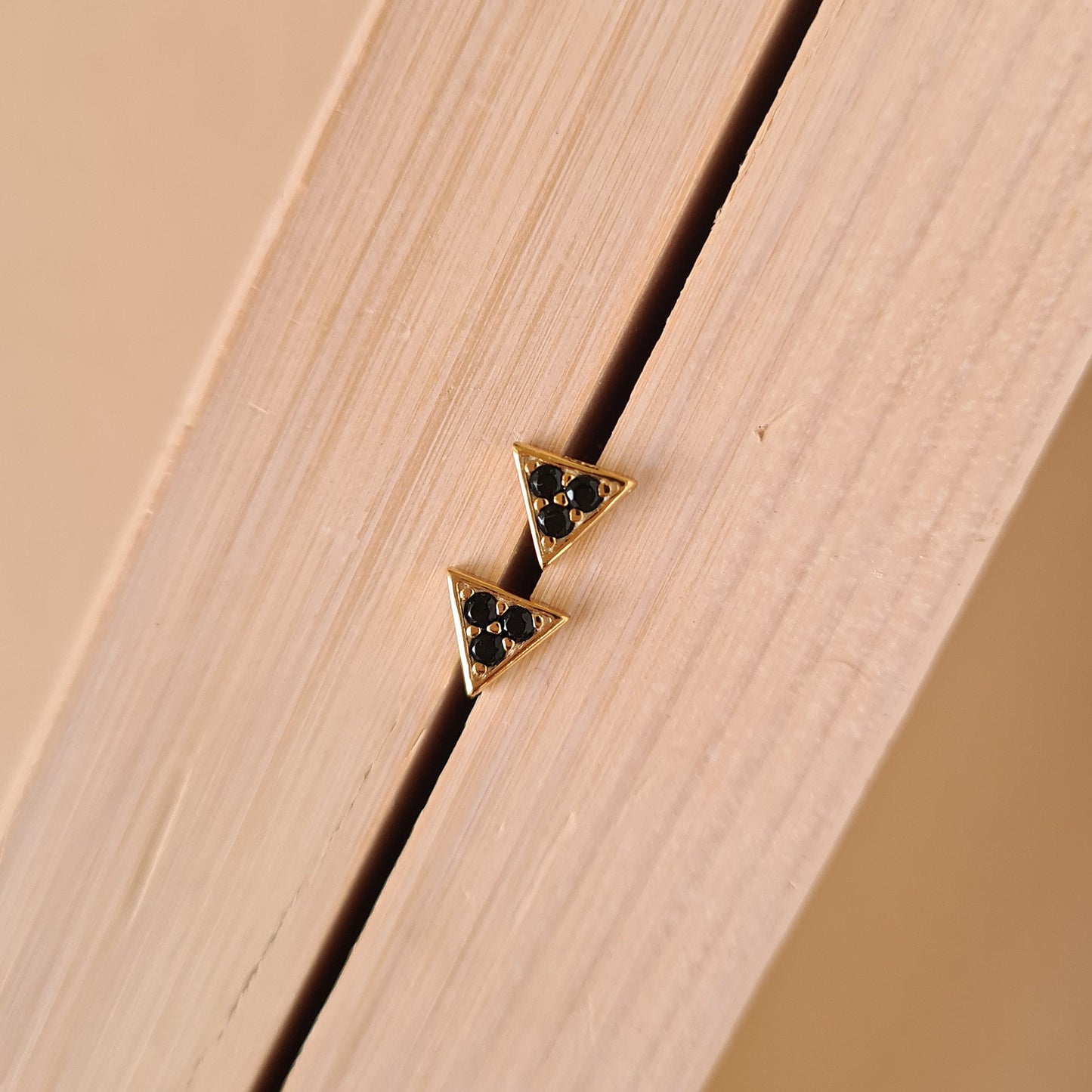Gold Plated Mini Triangle Stud Earrings with Black Lab Crystals