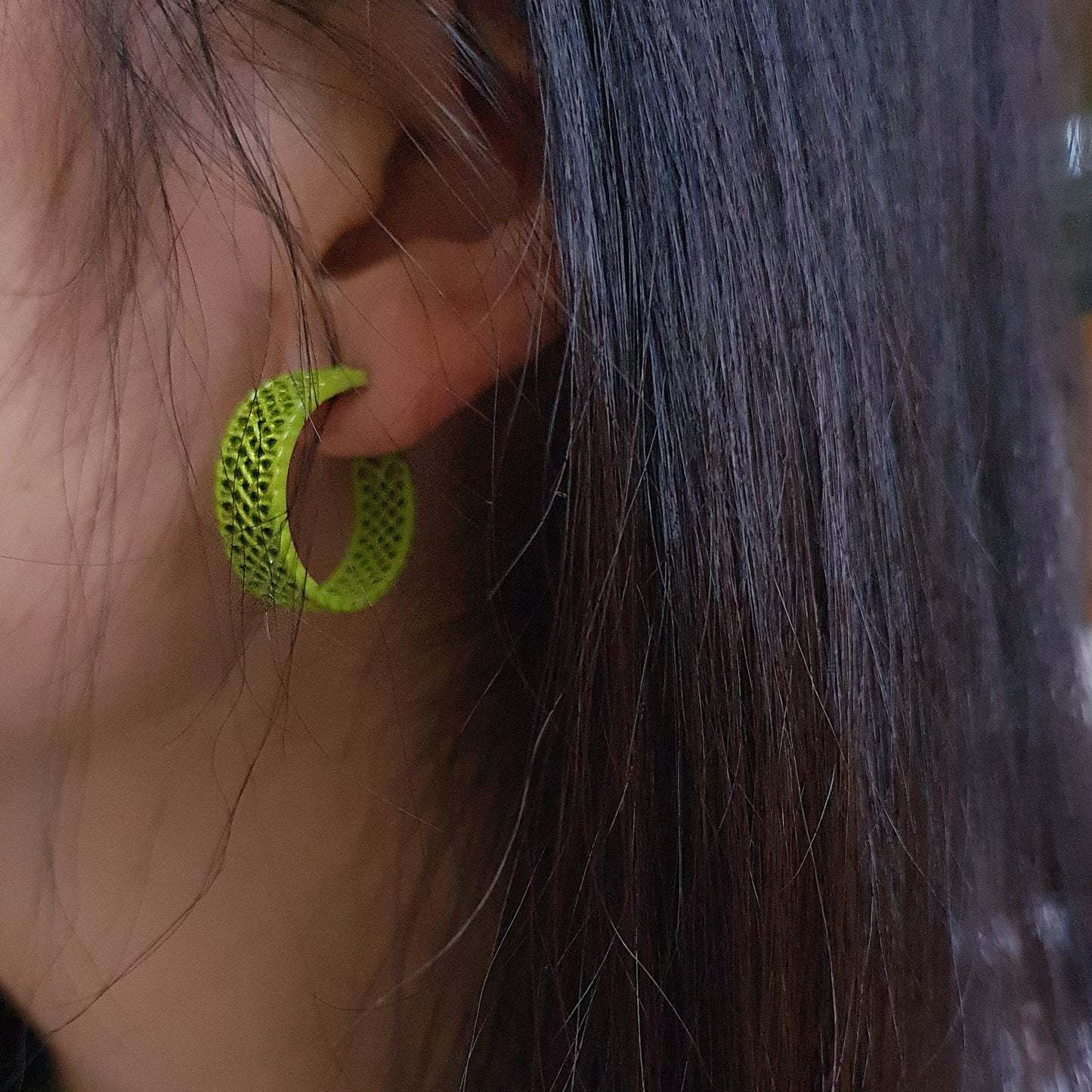 Large Acrylic Bright Green and Purple C Hoop Circle Earrings Colourful Earrings