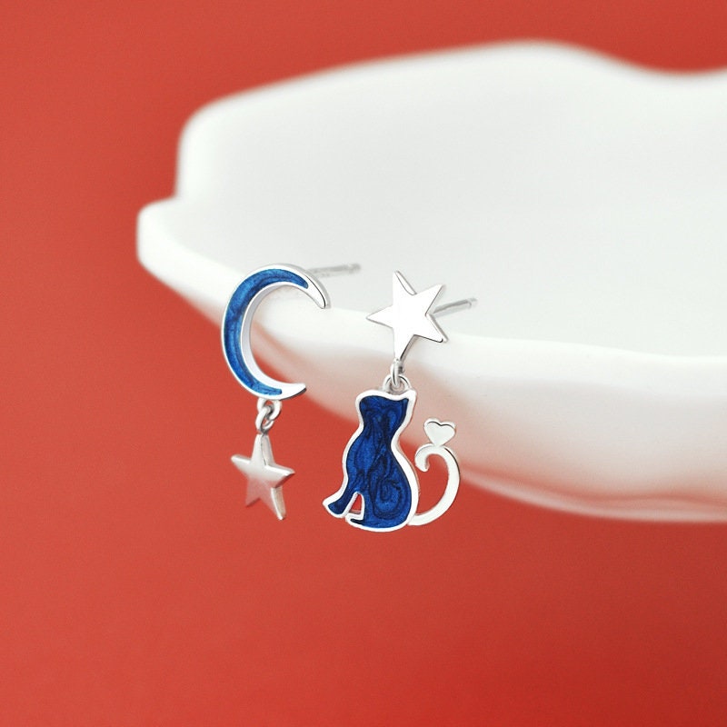 Sterling Silver Blue Enamel Cat, Moon & Star Earrings