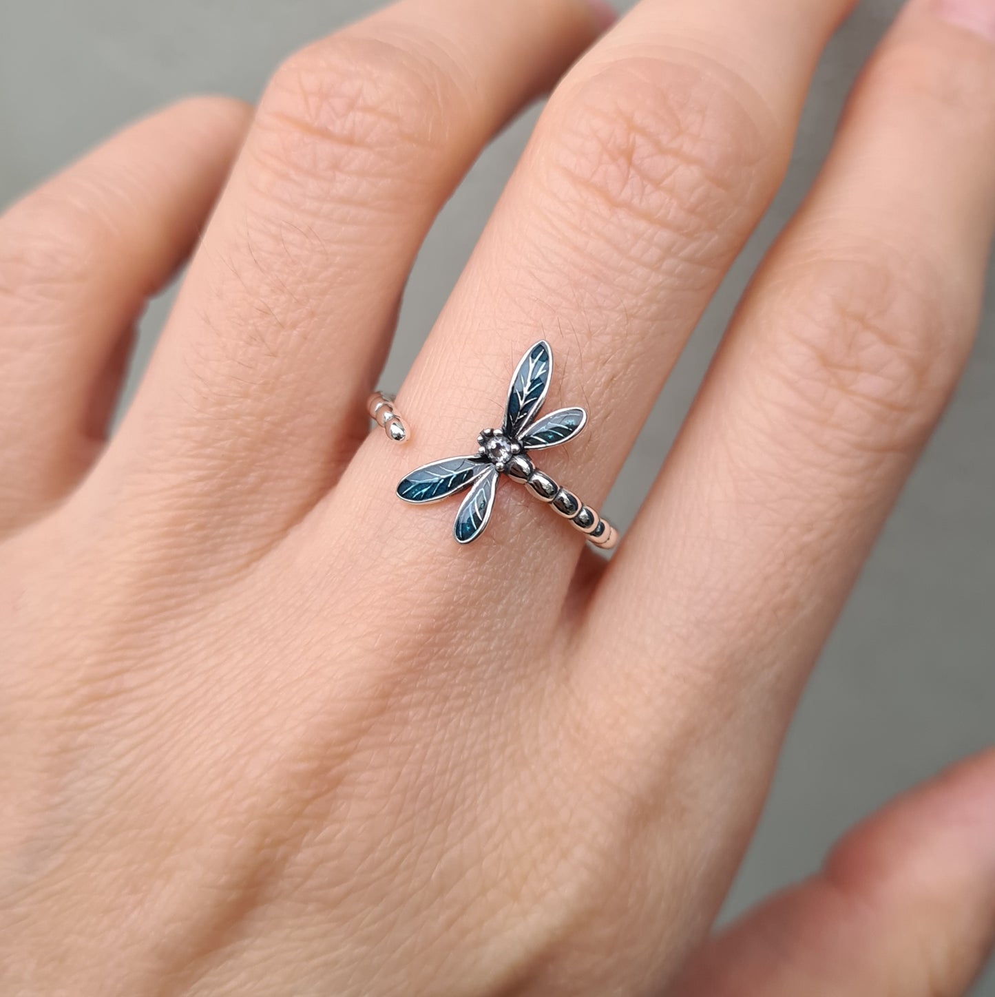 Sterling silver Blue Enamel Dragonfly Open Adjustable Silver Ring Band