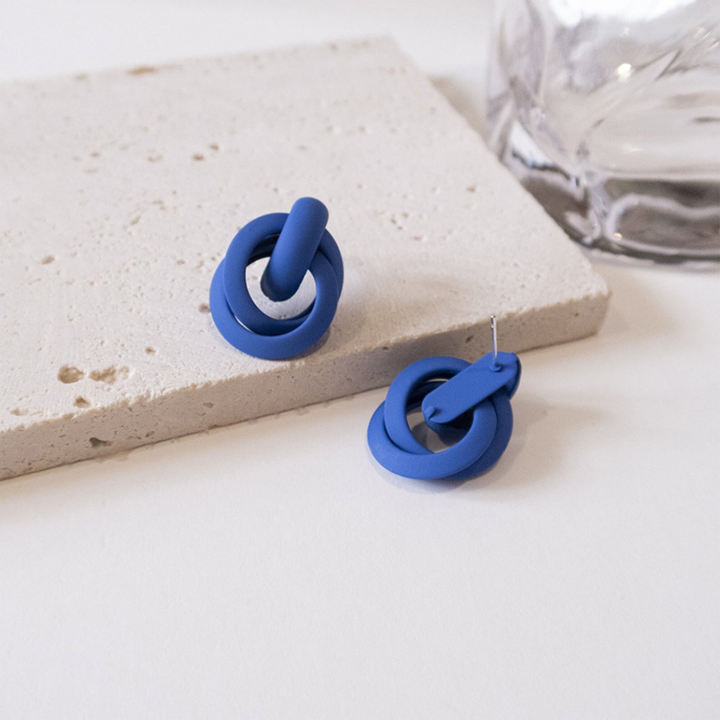 Blue 3D Loop Knots Large Stud Earrings Blue Ivory White Silver Posts Clay Statement Earrings Polymer Clay Earrings