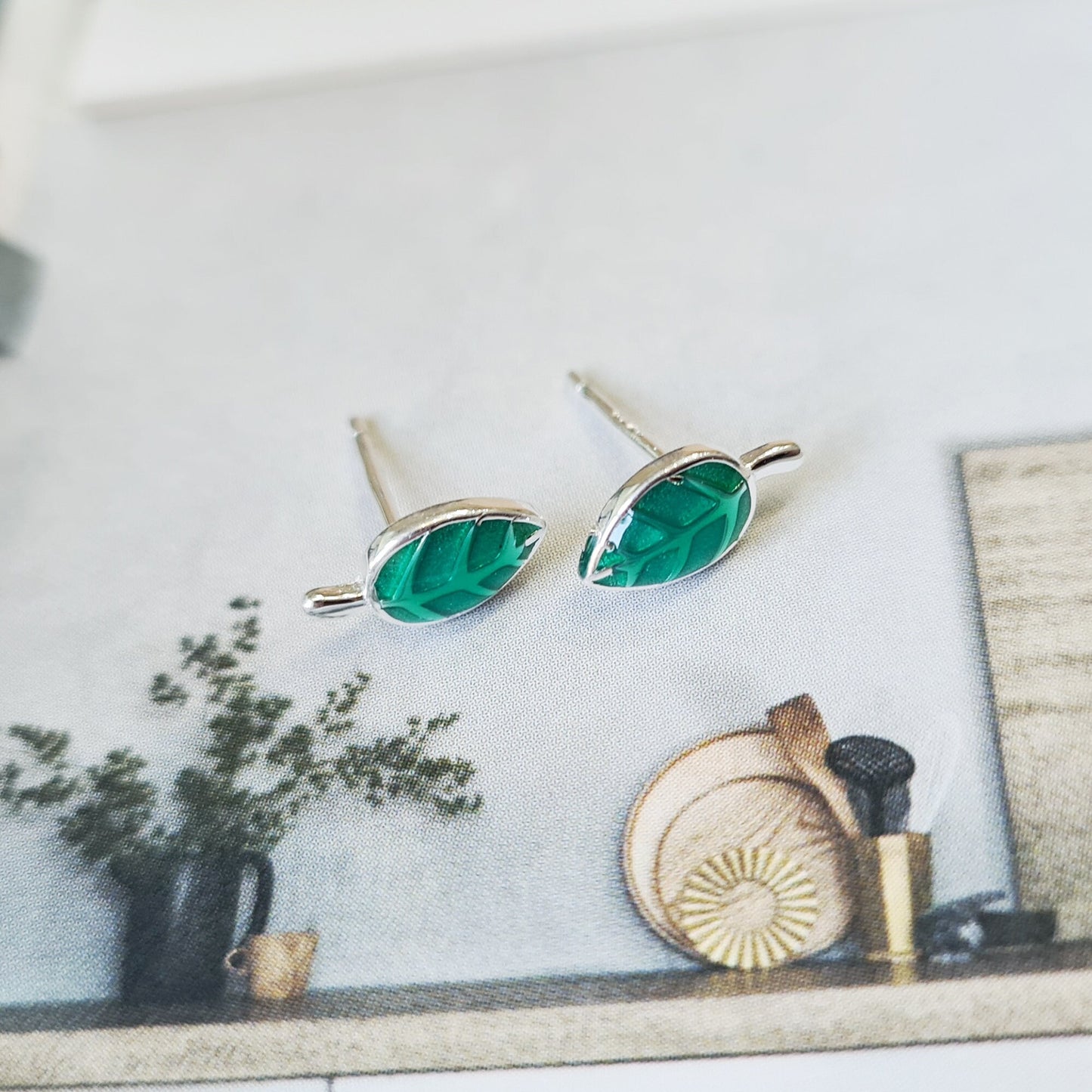 925 Sterling silver Mini Small Green Leaf Stud Earrings with Enamel Details everyday earrings earrings for girls