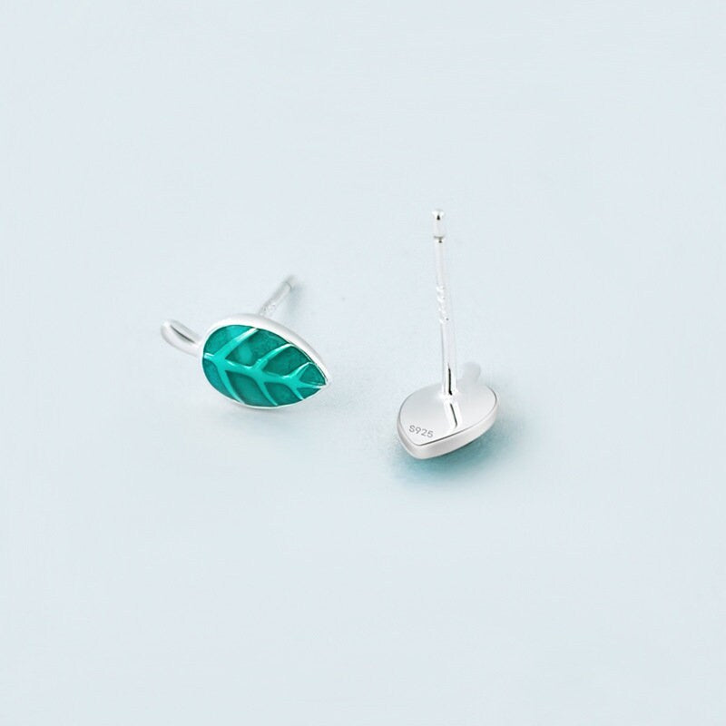 925 Sterling Silver Enamel Green Leaf Stud Earrings