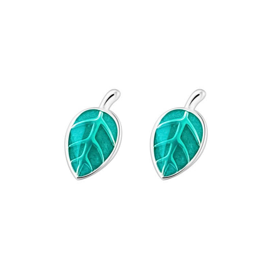 925 Sterling Silver Enamel Green Leaf Stud Earrings