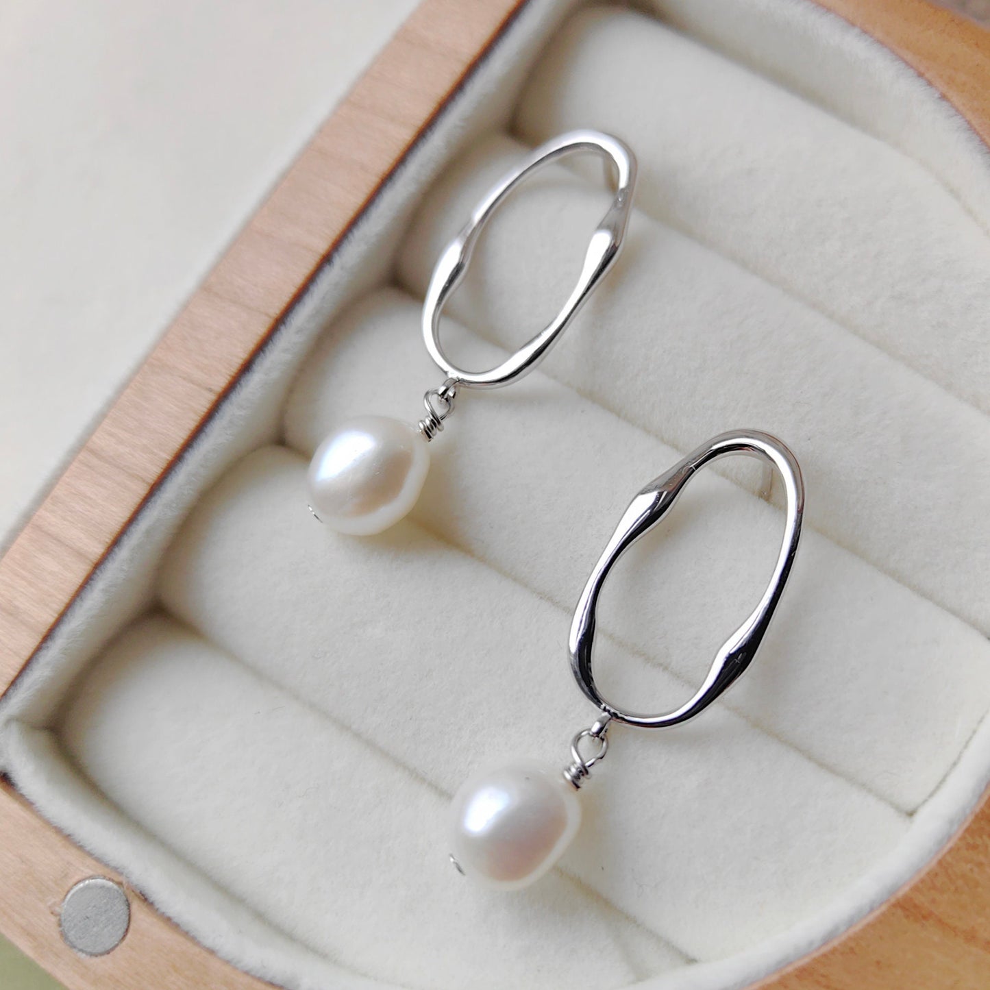 925 Sterling silver Long Oval Circle Dangle Drop Earrings with Pearls