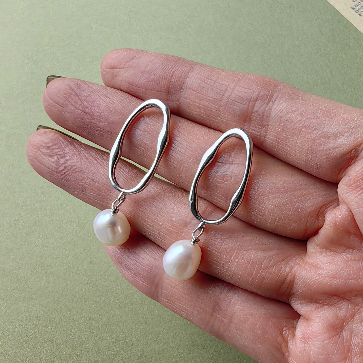 925 Sterling Silver Long Oval Circle Dangle Drop Earrings with Pearls