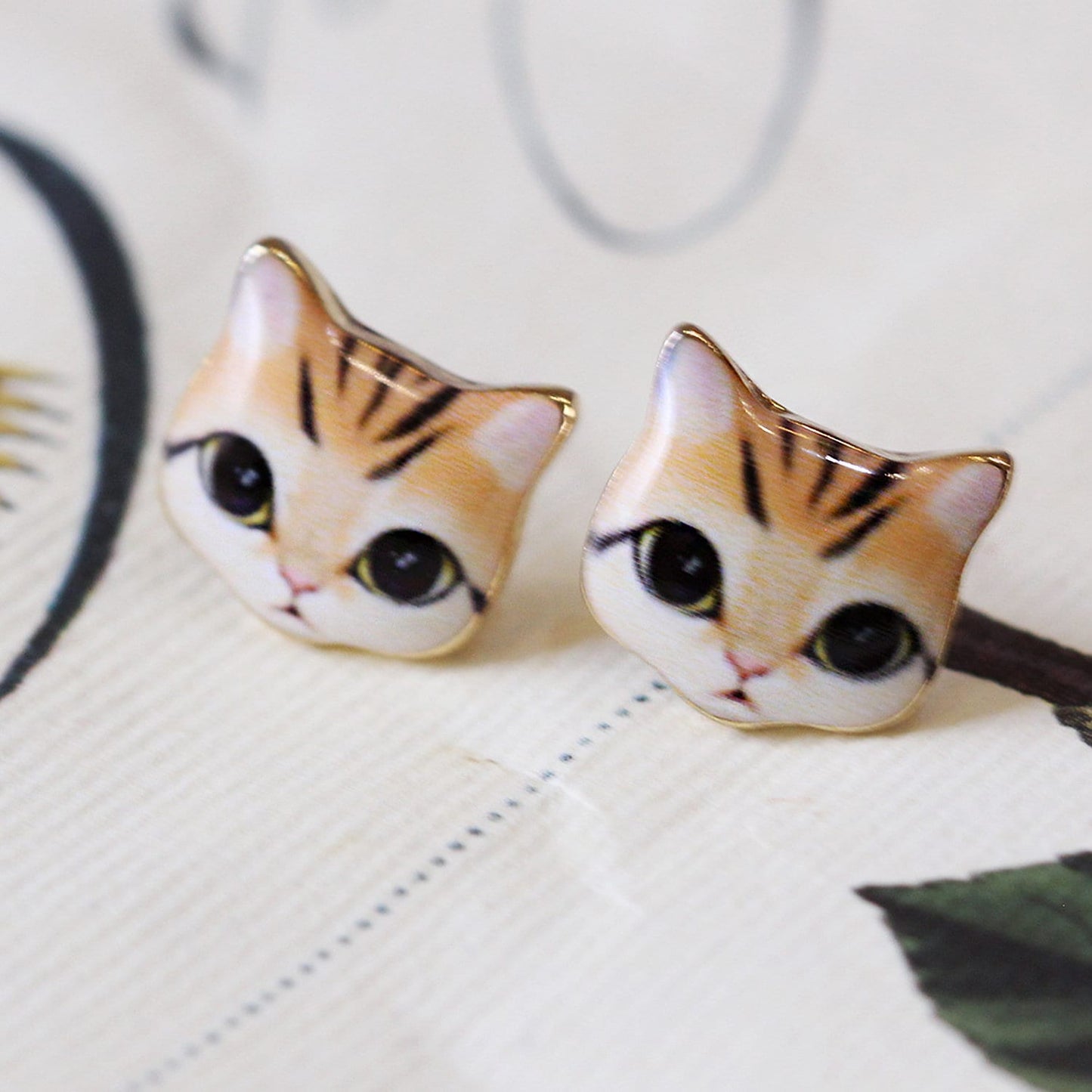 Resin Yellow Stripy Ginger Tabby Grey Tabby Cat Kitten Stud Earrings