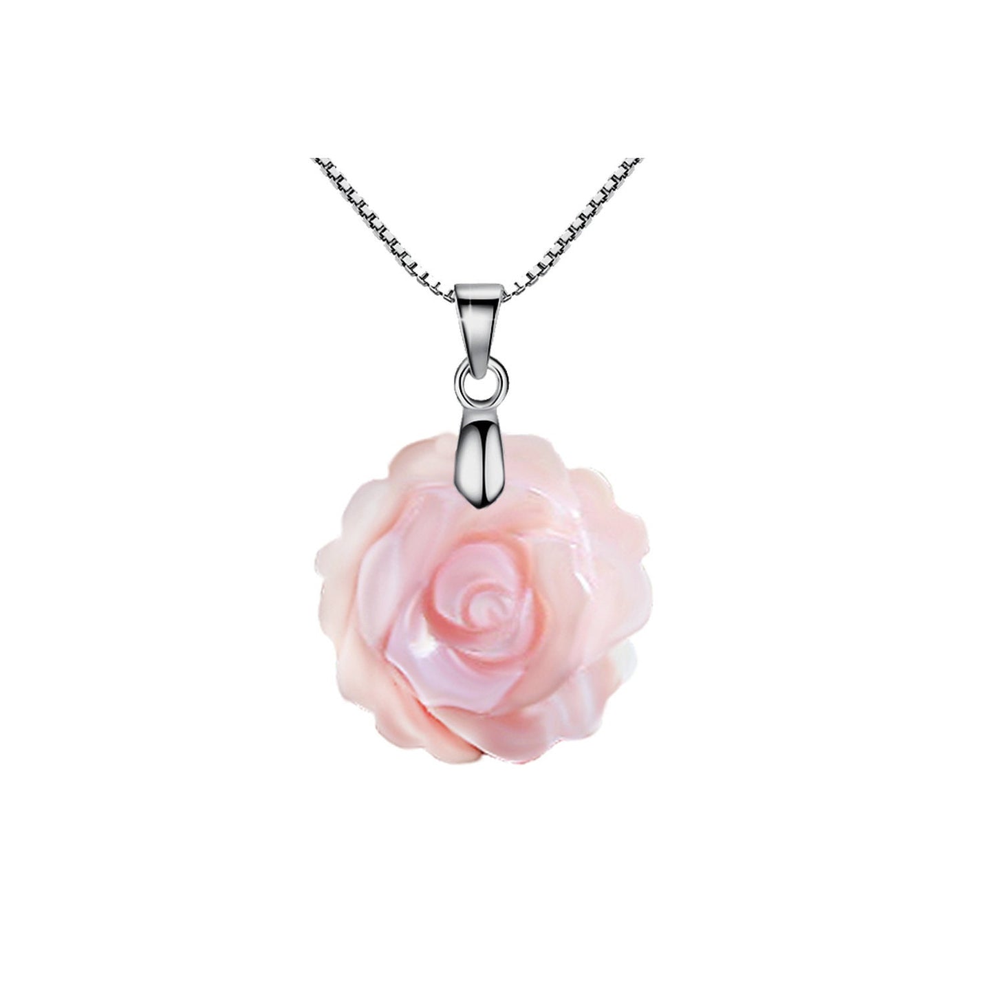 Black, Light Pink and White/Ivory Mother Pearl Shell Rose Flower 925 Sterling Silver Necklace