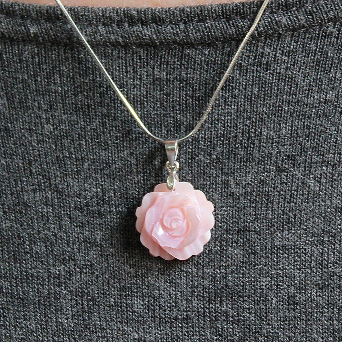 Black, Light Pink and White/Ivory Mother Pearl Shell Rose Flower 925 Sterling Silver Necklace