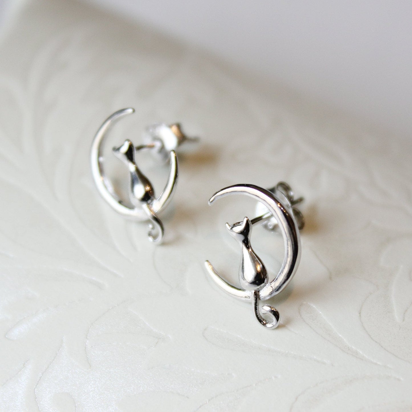 Sterling Silver 'Cat Sitting On The Moon' Stud Earrings Simple daily wear cat Lover jewellery earrings crescent