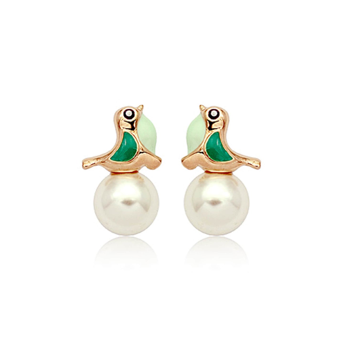 18k Gold Plated And Hand Painted Enamel, Green Bird And Pearl Earrings