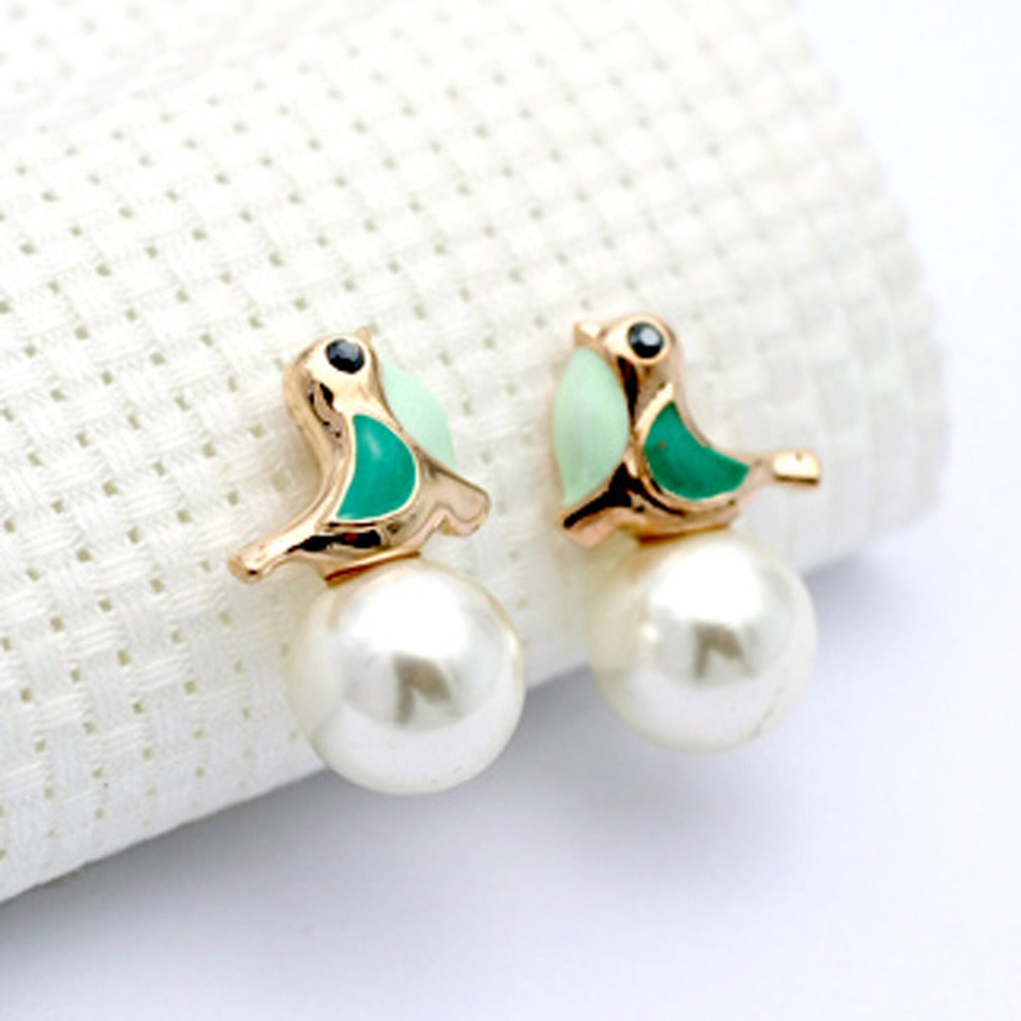 18k Gold Plated And Hand Painted Enamel, Green Bird And Pearl Earrings