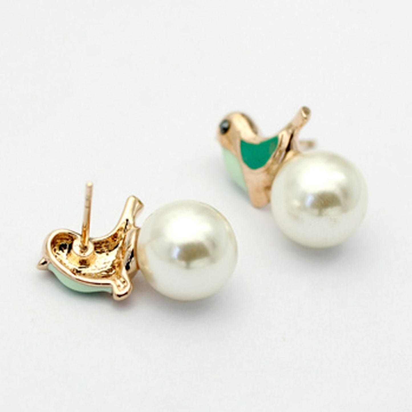 18k Gold Plated And Hand Painted Enamel, Green Bird And Pearl Earrings