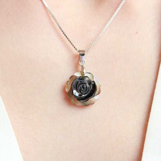 Black, Light Pink and White/Ivory Mother Pearl Shell Rose Flower 925 Sterling Silver Necklace