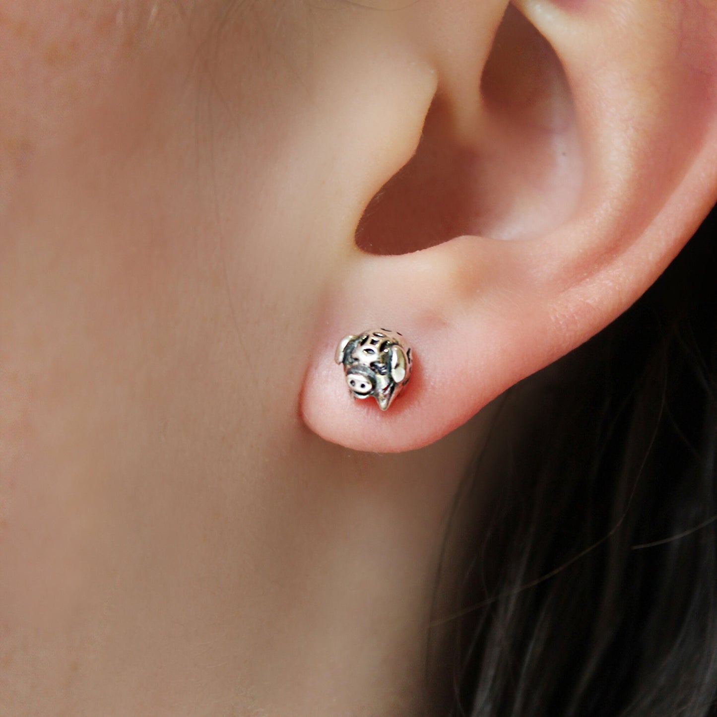 Sterling Silver 3D Oxidised Pig Stud Earrings