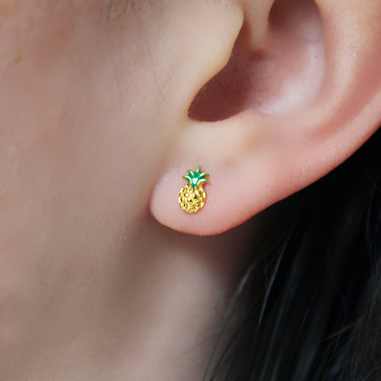 Gold Plated Yellow and Green Enamel s925 Sterling Silver Mini Pineapple Tropical Fruit Studs Earrings