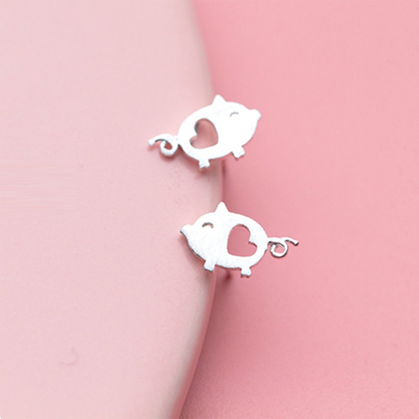 Sterling Silver Pig Piglet with Cut-Out Heart Stud Earrings Farm Animal Earrings  925 pig Necklace Pendant