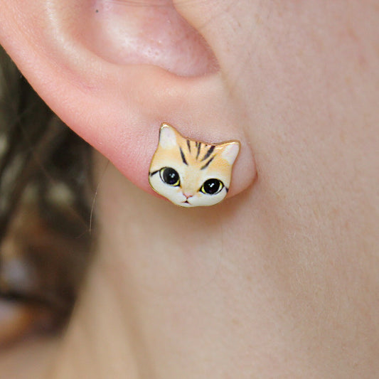 Resin Yellow Stripy Ginger Tabby Grey Tabby Cat Kitten Stud Earrings