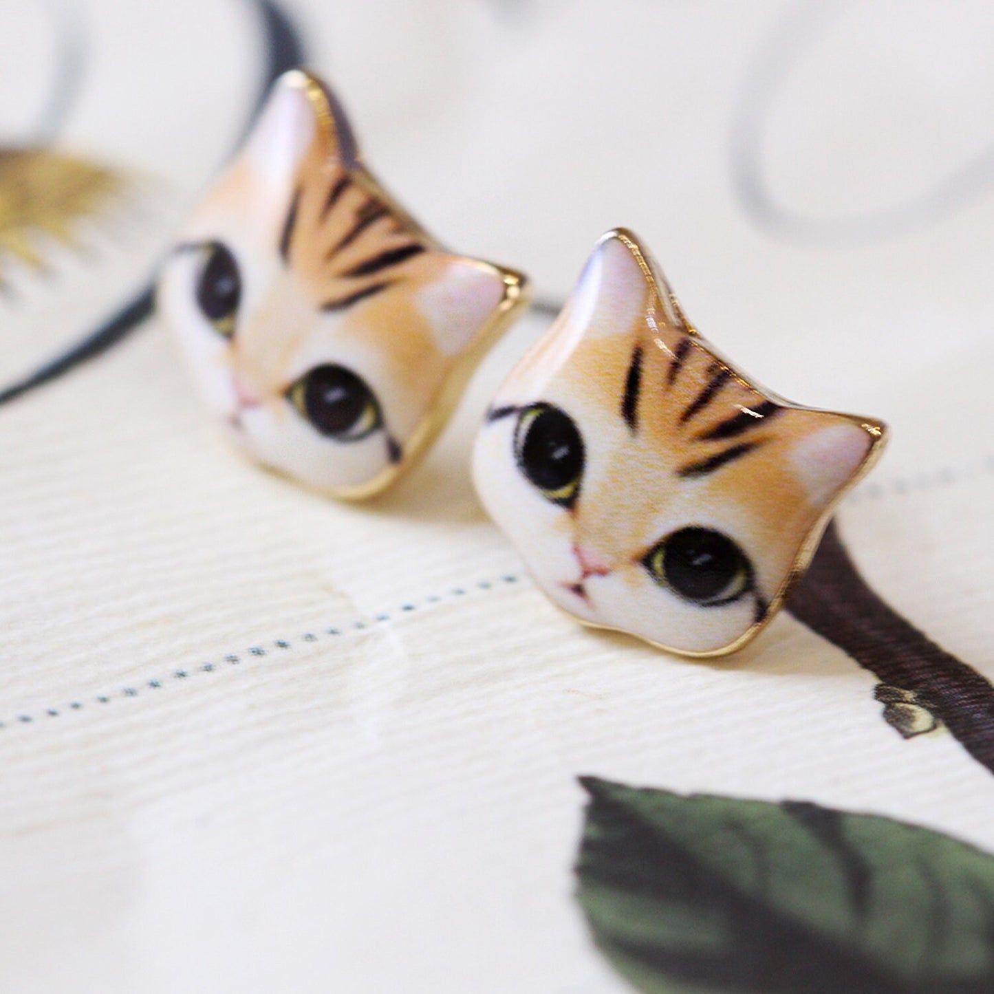 Resin Yellow Stripy Ginger Tabby Grey Tabby Cat Kitten Stud Earrings