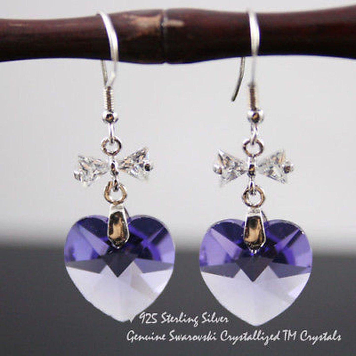 Sterling Silver Drop Earrings 14mm Love Heart Crystal Drops Purple