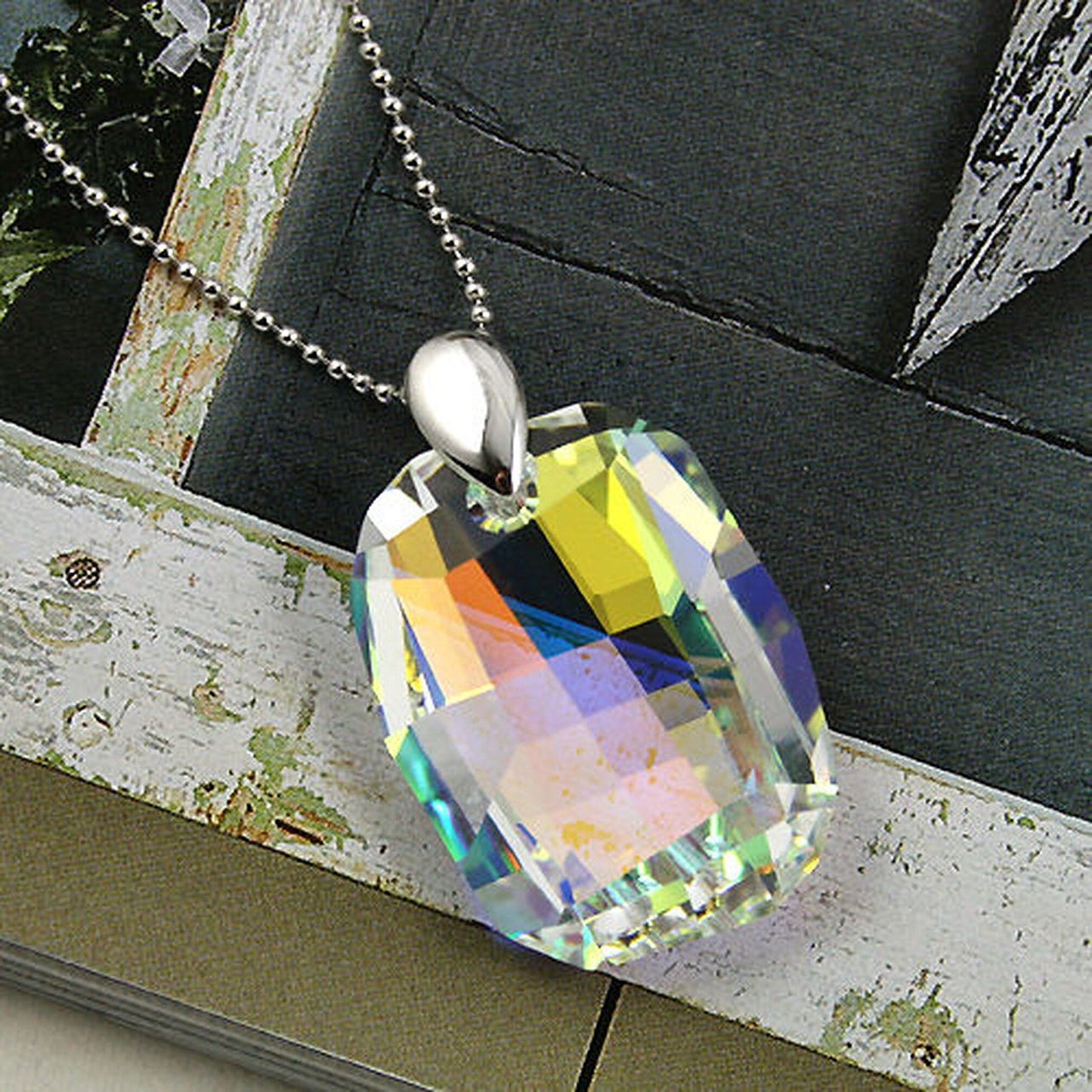 Emerald Green Dark Blue or Moonlight Clear 27mm Chunky Rectangle Crystal Silver 925 Necklace Pendant