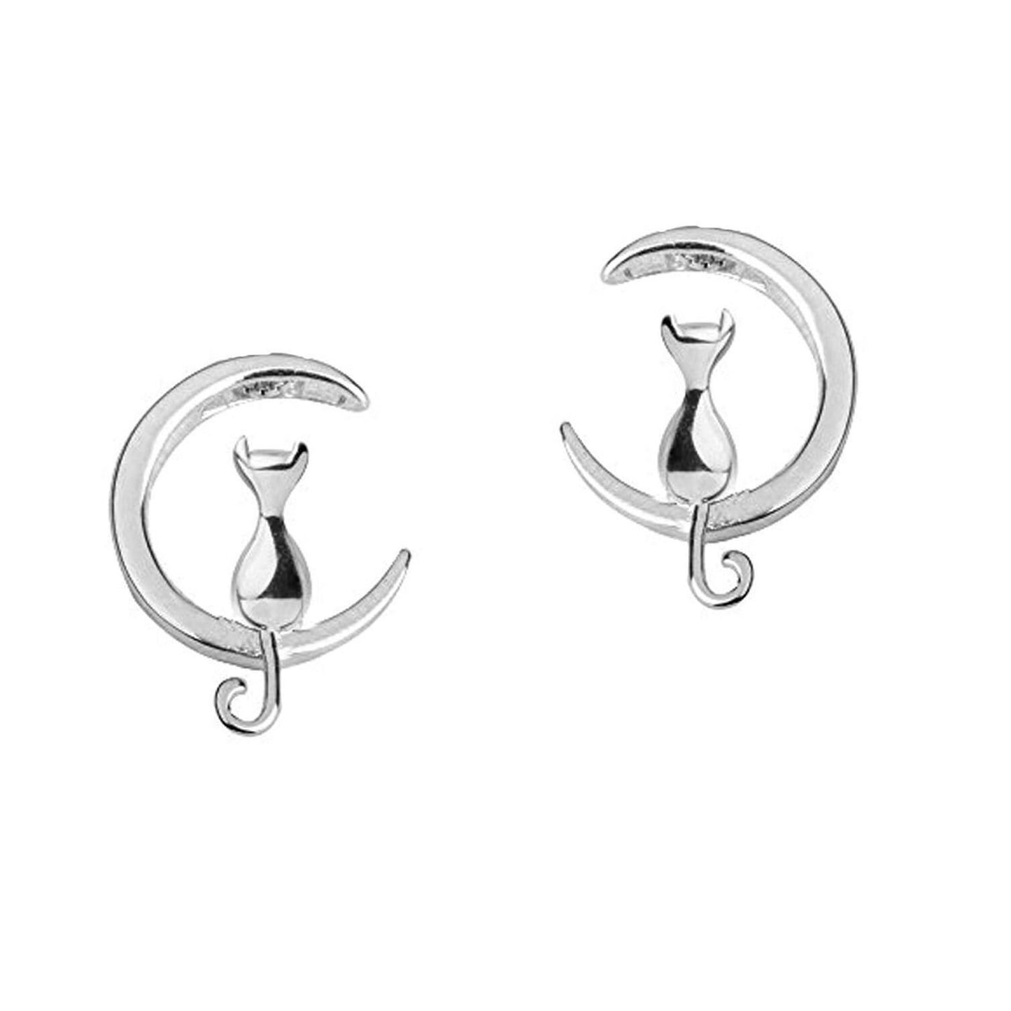 Sterling Silver 'Cat Sitting On The Moon' Stud Earrings Simple daily wear cat Lover jewellery earrings crescent