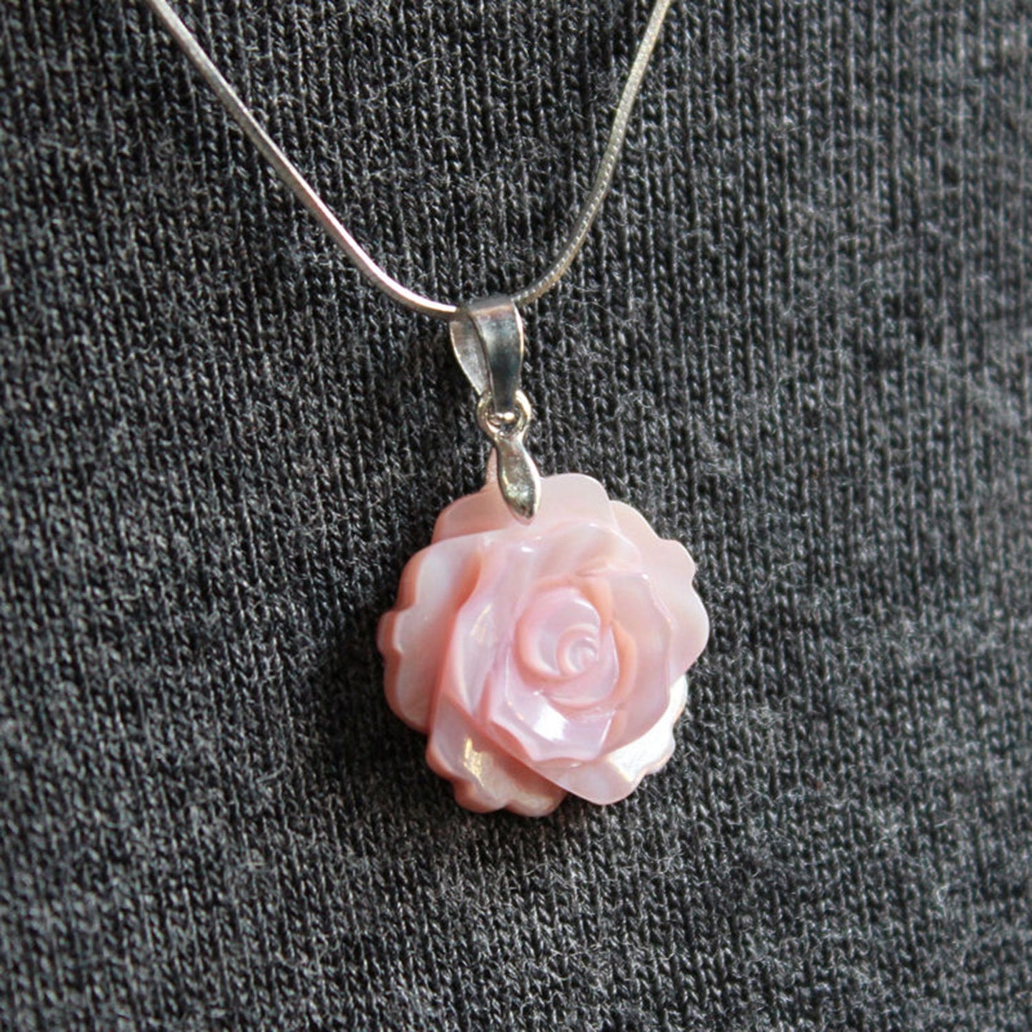 Black, Light Pink and White/Ivory Mother Pearl Shell Rose Flower 925 Sterling Silver Necklace