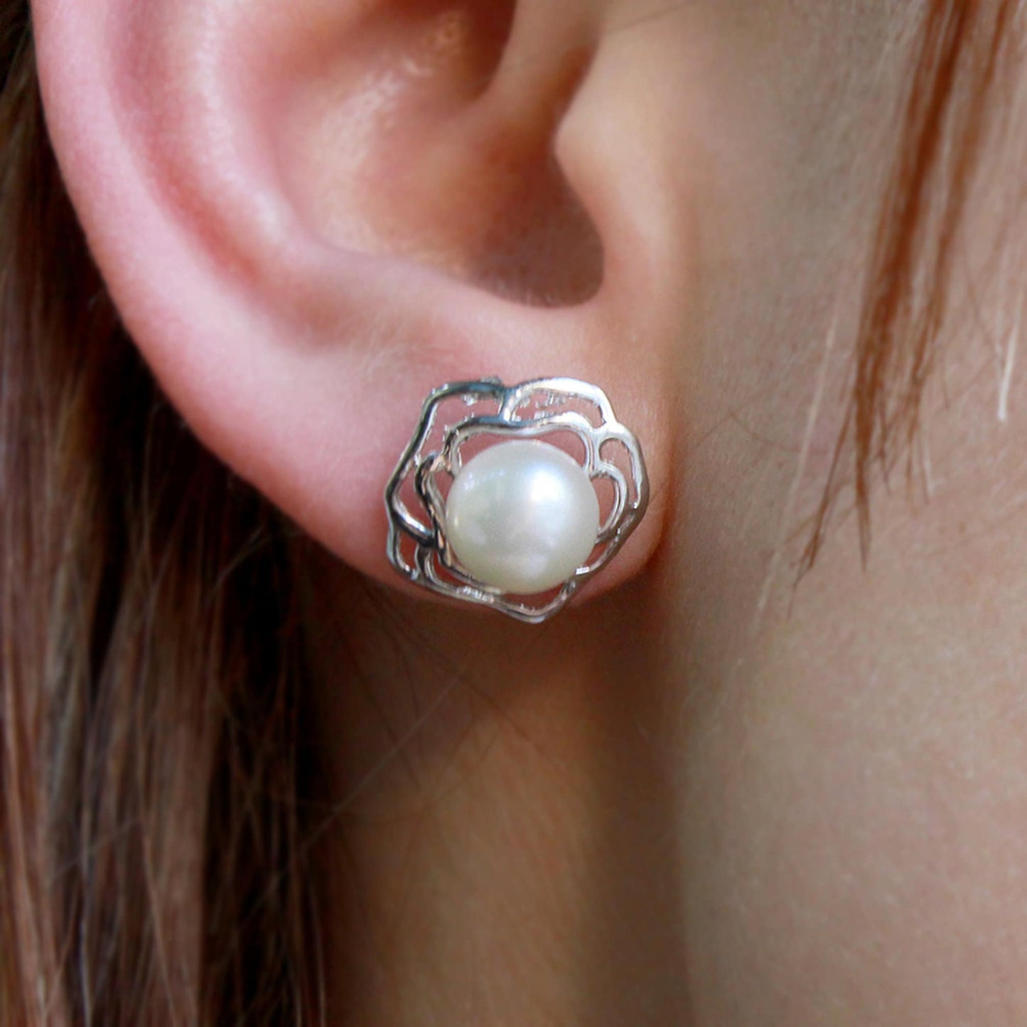 Artistic Rose White/ivory Freshwater Pearl Sterling Silver Stud Earrings