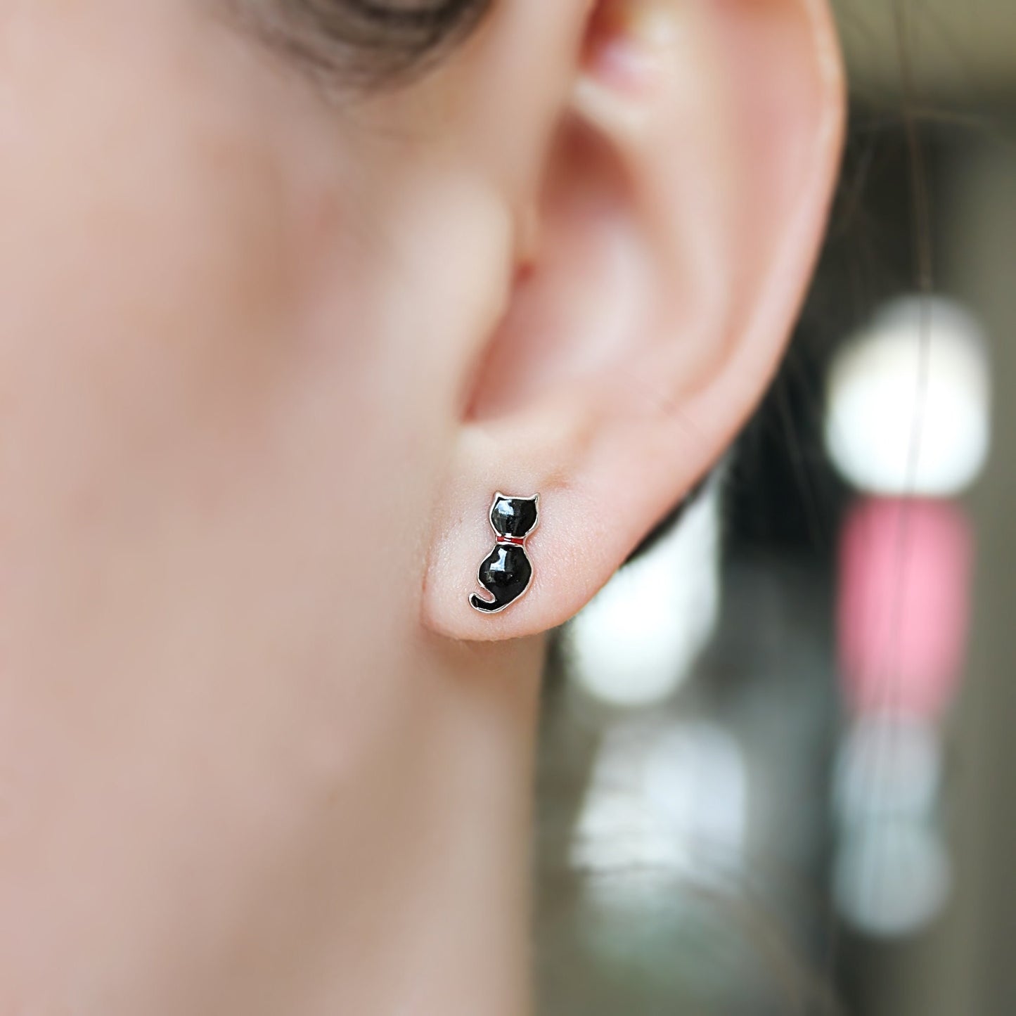 Sterling Silver Little Black Cat Enamel Studs Earrings Novelty jewellery Cat Lover Sitting kitten Halloween jewellery