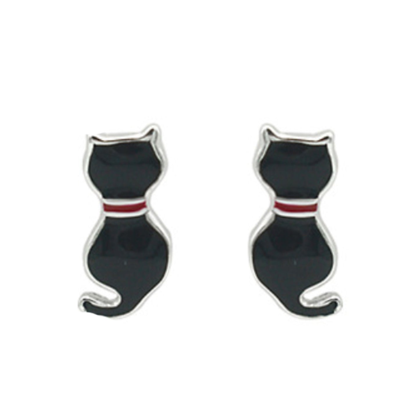 Sterling Silver Little Black Cat Enamel Studs Earrings Novelty jewellery Cat Lover Sitting kitten Halloween jewellery