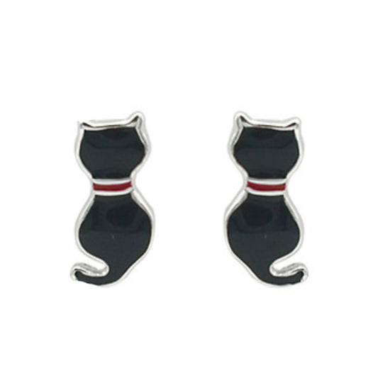 Sterling Silver Little Black Cat Enamel Studs Earrings Novelty jewellery Cat Lover Sitting kitten Halloween jewellery