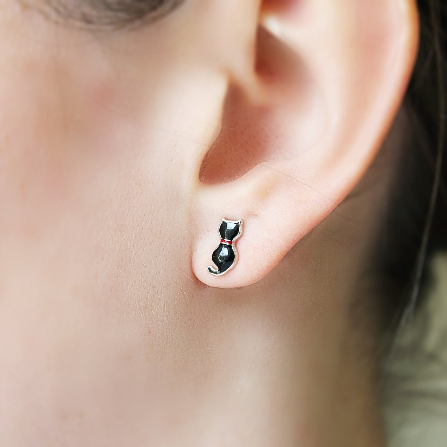 Sterling Silver Little Black Cat Enamel Studs Earrings Novelty jewellery Cat Lover Sitting kitten Halloween jewellery