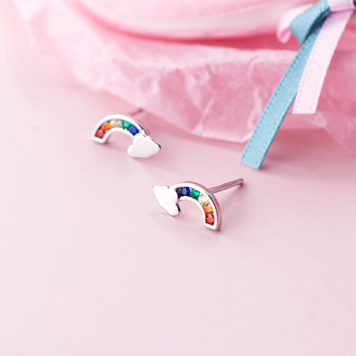 Sterling Silver Rainbow CZ Crystal Studs Earrings Novelty jewellery Multiple Colours Emoji Icon Jewellery