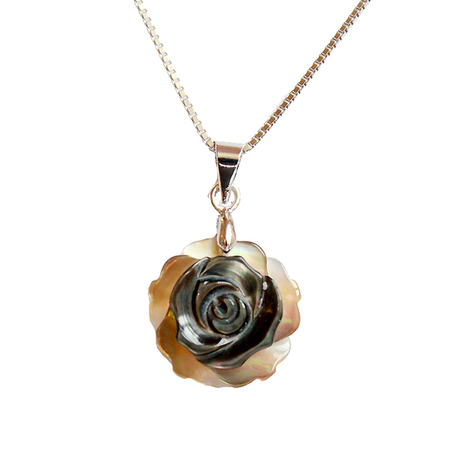 Black, Light Pink and White/Ivory Mother Pearl Shell Rose Flower 925 Sterling Silver Necklace