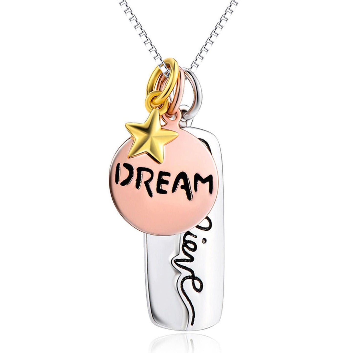 Sterling Silver Engraved Dream And Believe Tag Necklace